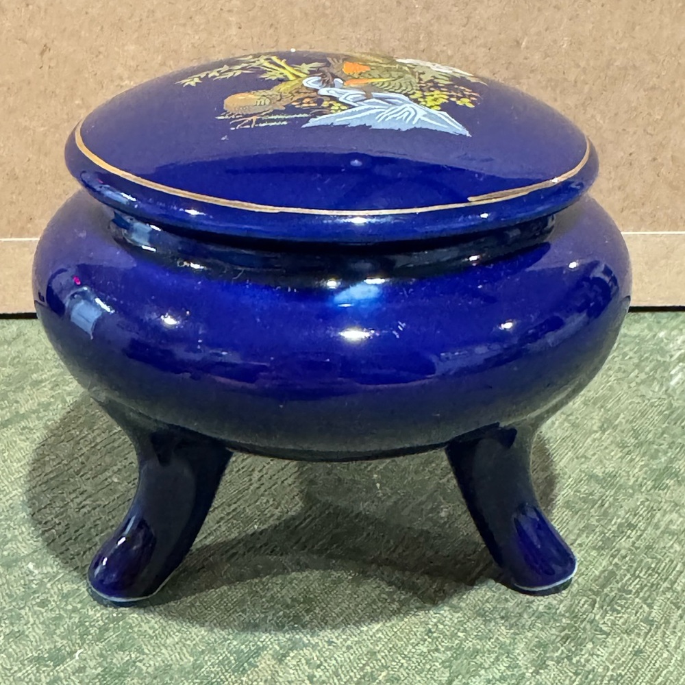 Vintage Japanese Cobalt Blue Footed Powder Jar With Lid Peacocks/Oriental Floral